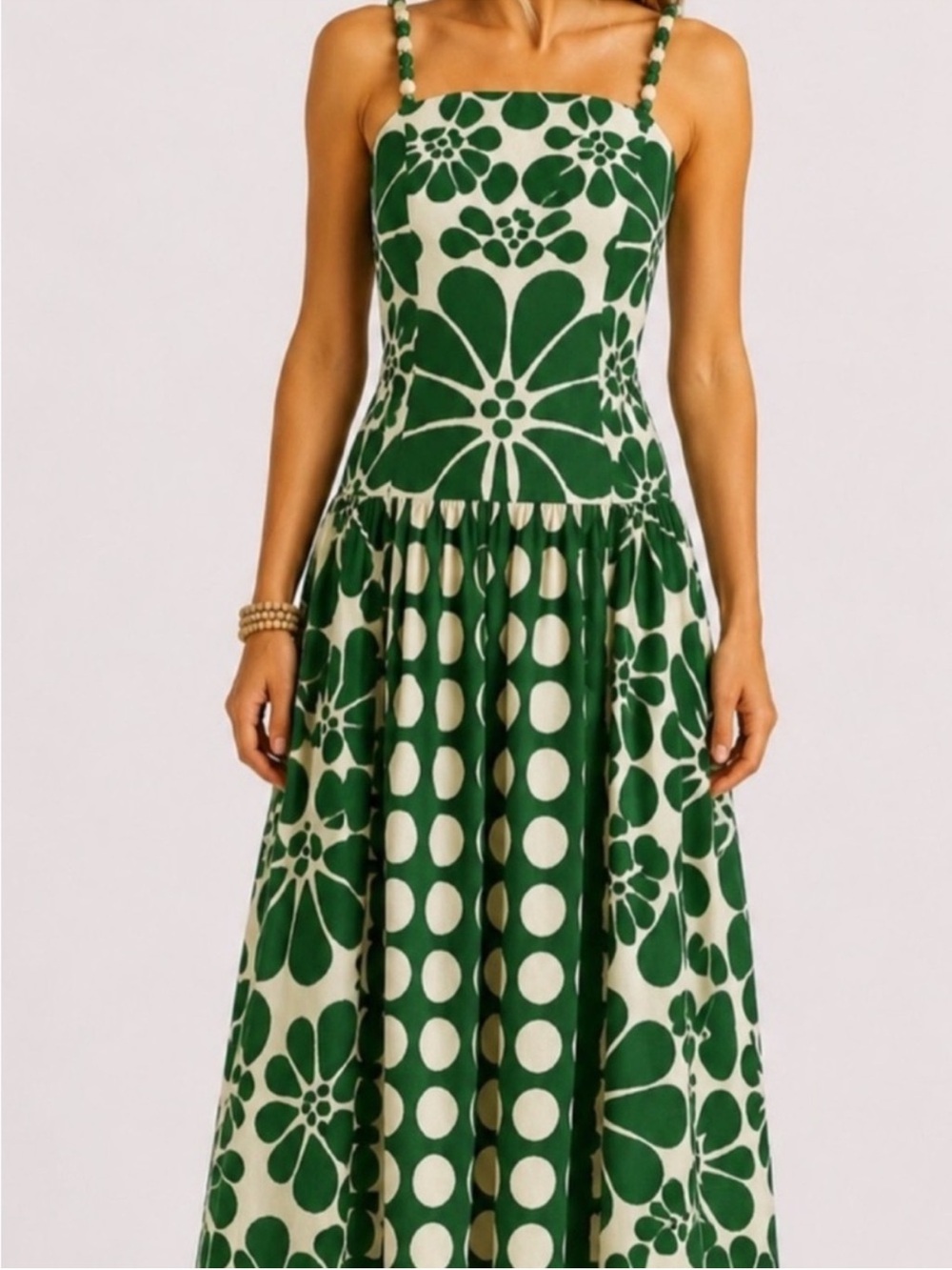 Caroline Constas Green and Cream Floral & Polka Dot Midi Dress Size M